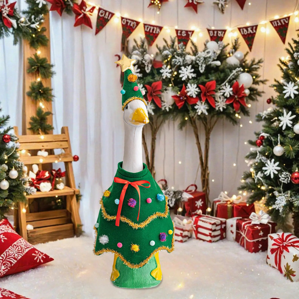 Seasonal Christmas Goose Outfit Festive Christmas Porch Clothes with Hat Cloak Design Seasonal Goose Outfit for Decor Elastic