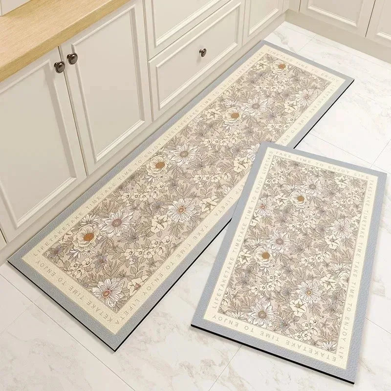 Kitchen Rug Pvc Waterproof Leather Carpet Green Flower Long Floor Mat Non-slip Oil-proof Minimalist Style Home Decoration Rugs