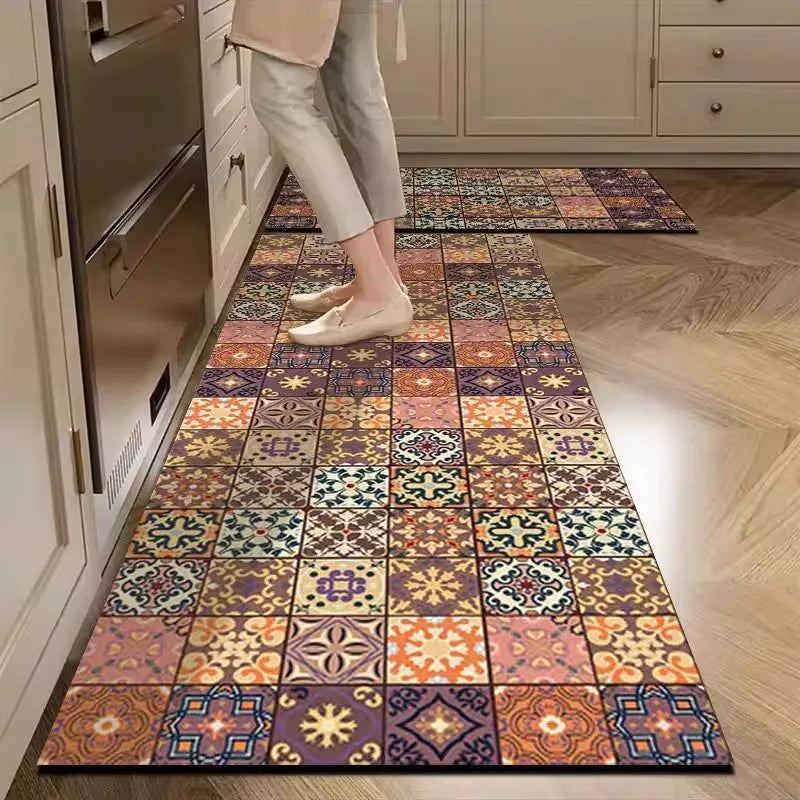 Kitchen Rug Pvc Waterproof Leather Carpet American Retro Style Carpets Long Floor Mats Non-slip Oil-proof Home Decoration Rugs