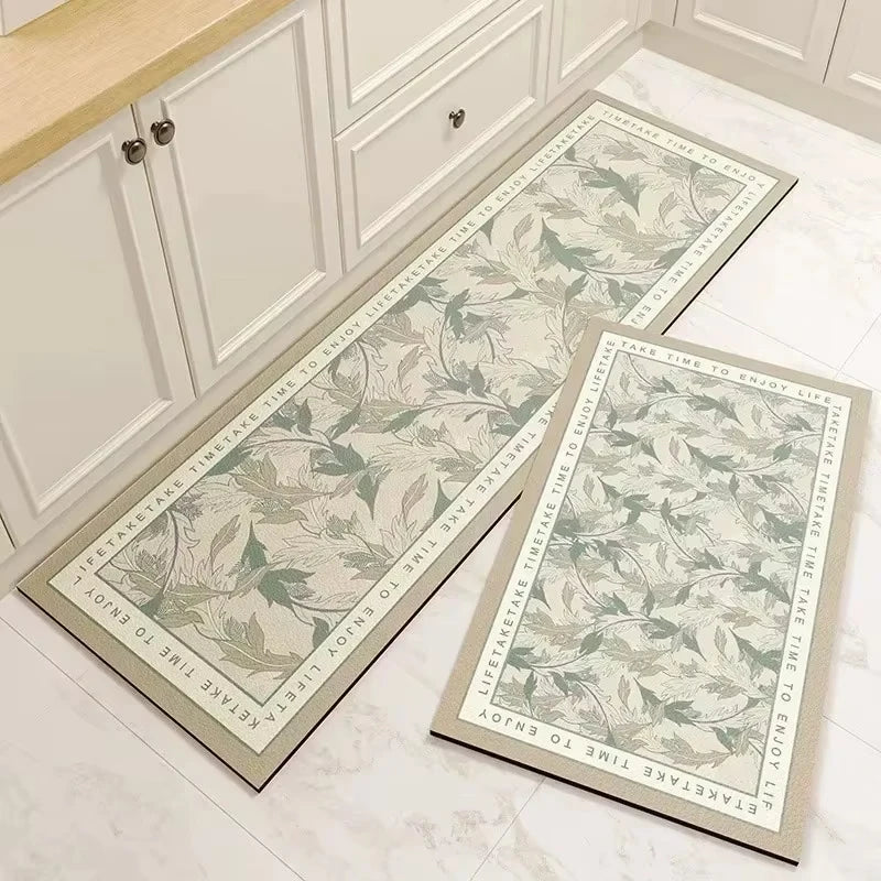Kitchen Rug Pvc Waterproof Leather Carpet Green Flower Long Floor Mat Non-slip Oil-proof Minimalist Style Home Decoration Rugs