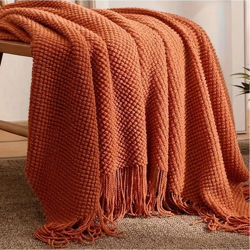 Rust Gift Nordic Knitted Blanket on the Bed Sofa Plaid Travel Nap Blankets Solid Color Soft Spring Summer Blanket with Tassels