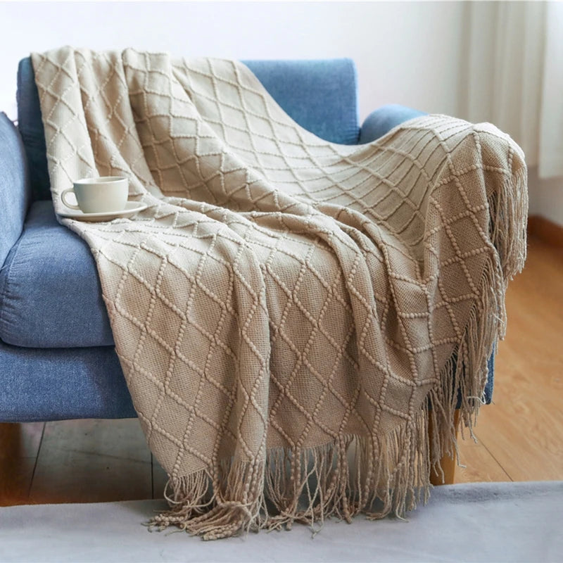 Rust Gift Nordic Knitted Blanket on the Bed Sofa Plaid Travel Nap Blankets Solid Color Soft Spring Summer Blanket with Tassels