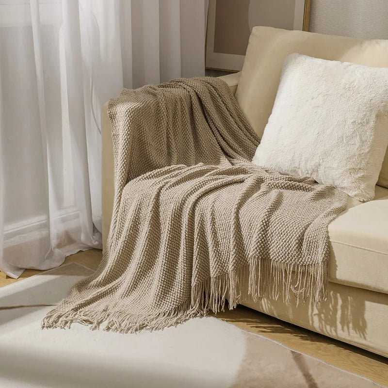 Rust Gift Nordic Knitted Blanket on the Bed Sofa Plaid Travel Nap Blankets Solid Color Soft Spring Summer Blanket with Tassels