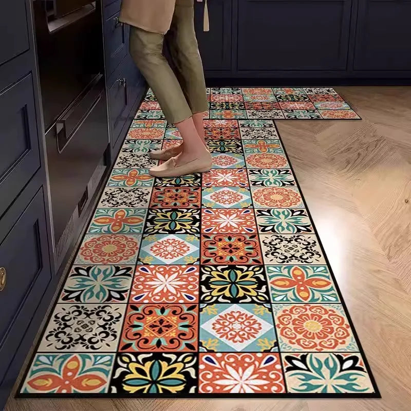 Kitchen Rug Pvc Waterproof Leather Carpet American Retro Style Carpets Long Floor Mats Non-slip Oil-proof Home Decoration Rugs