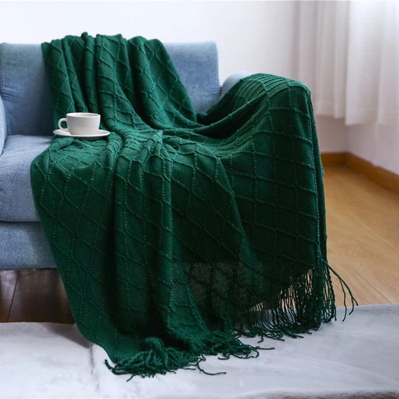 Rust Gift Nordic Knitted Blanket on the Bed Sofa Plaid Travel Nap Blankets Solid Color Soft Spring Summer Blanket with Tassels