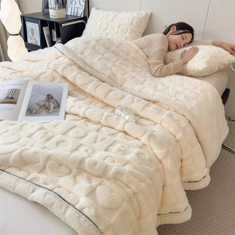 Heart Pattern Coral Fleece Blanket Autumn Winter Cozy Thicken Warm Plush Blanket for Bed Fluffy Super Soft Sofa Throw Blankets