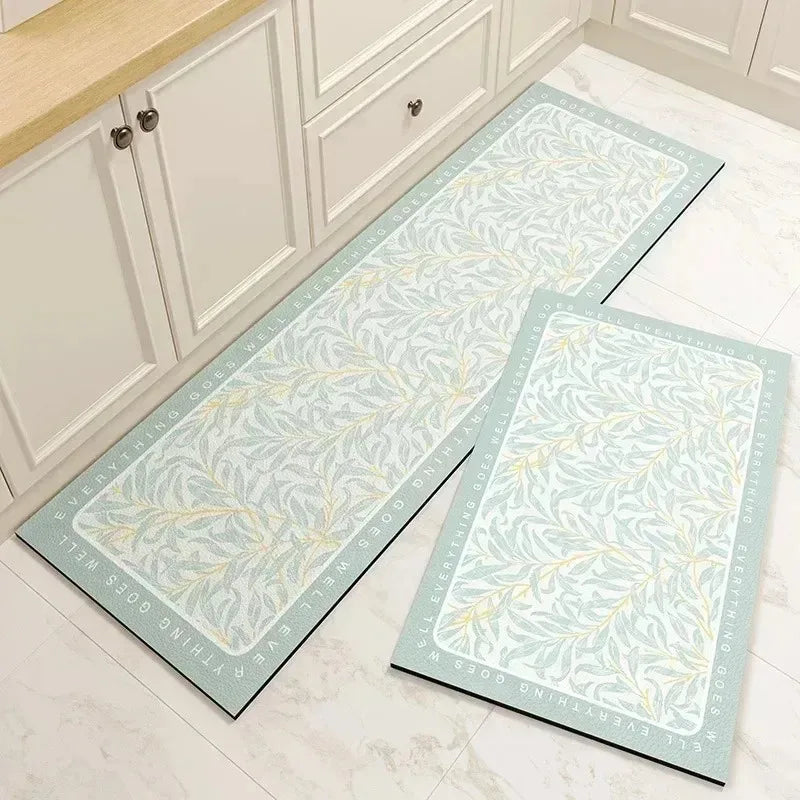 Kitchen Rug Pvc Waterproof Leather Carpet Green Flower Long Floor Mat Non-slip Oil-proof Minimalist Style Home Decoration Rugs