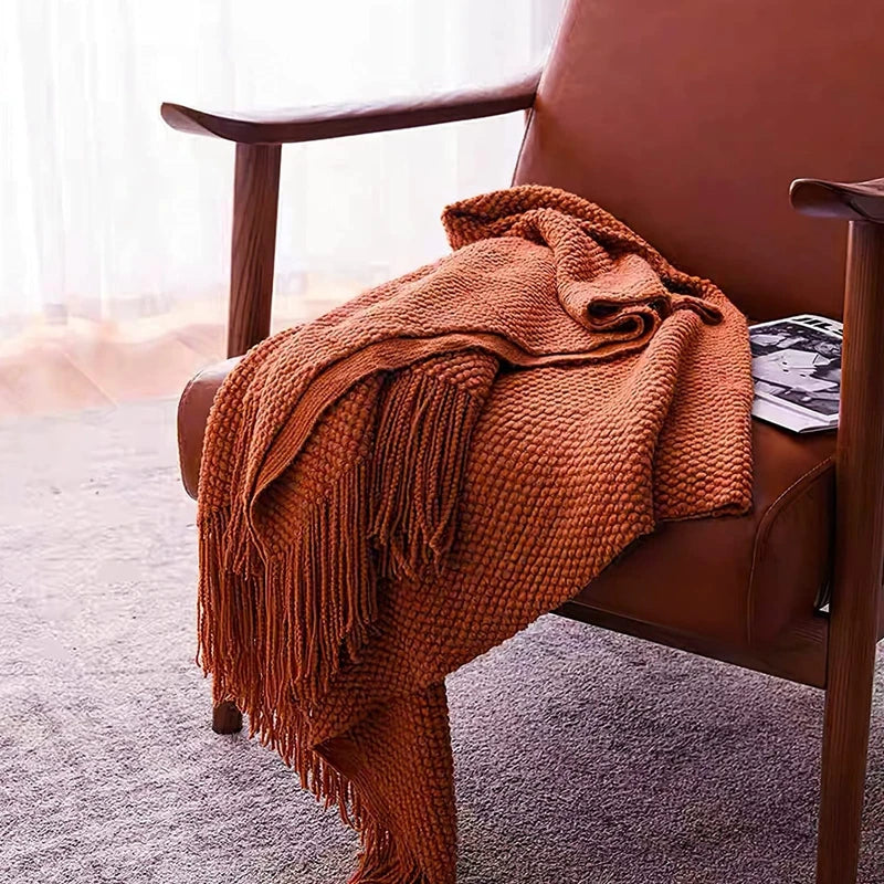 Rust Gift Nordic Knitted Blanket on the Bed Sofa Plaid Travel Nap Blankets Solid Color Soft Spring Summer Blanket with Tassels