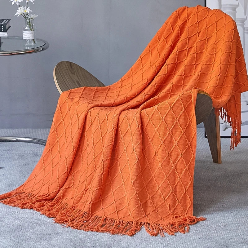 Rust Gift Nordic Knitted Blanket on the Bed Sofa Plaid Travel Nap Blankets Solid Color Soft Spring Summer Blanket with Tassels