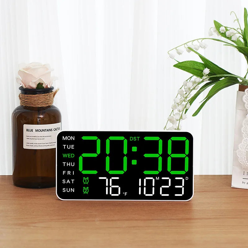 Large Digital Wall Clock Week Date Temperature Display Voice Control Table LED Alarm Clocks Brightness Adjustable 12/24H Clock
