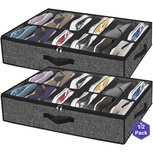 Sturdy Under Bed Shoe Storage Organizer Fit 12 Pairs Underbed Shoes Closet Storage Solution with Clear Window Breathable