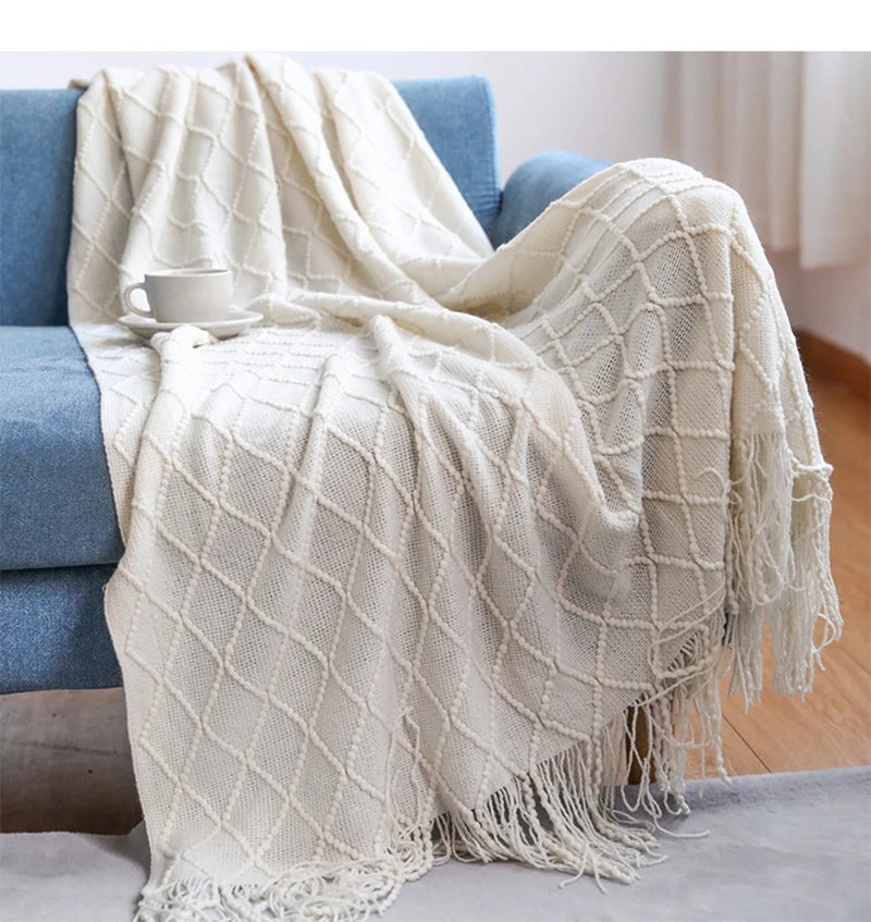 Rust Gift Nordic Knitted Blanket on the Bed Sofa Plaid Travel Nap Blankets Solid Color Soft Spring Summer Blanket with Tassels