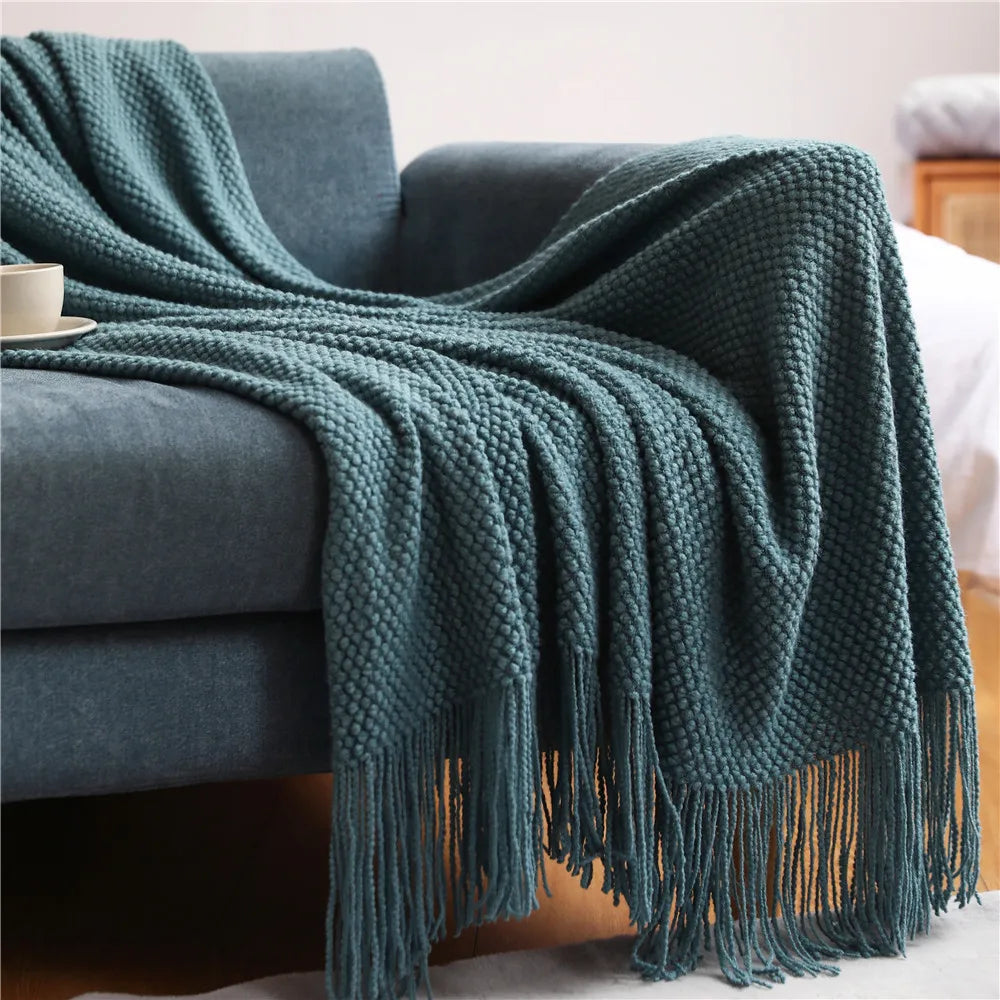 Rust Gift Nordic Knitted Blanket on the Bed Sofa Plaid Travel Nap Blankets Solid Color Soft Spring Summer Blanket with Tassels