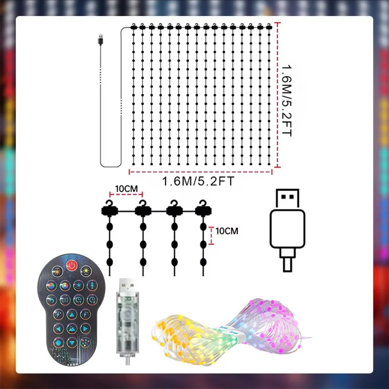 1/2PCS Smart LED Curtain Lights LED Fairy Lights App Control Music Sync DIY Pattern Waterproof for Indoor Outdoor Party Decor