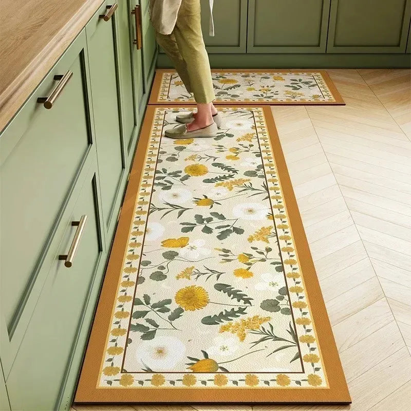 Kitchen Rug Pvc Waterproof Leather Carpet Green Flower Long Floor Mat Non-slip Oil-proof Minimalist Style Home Decoration Rugs