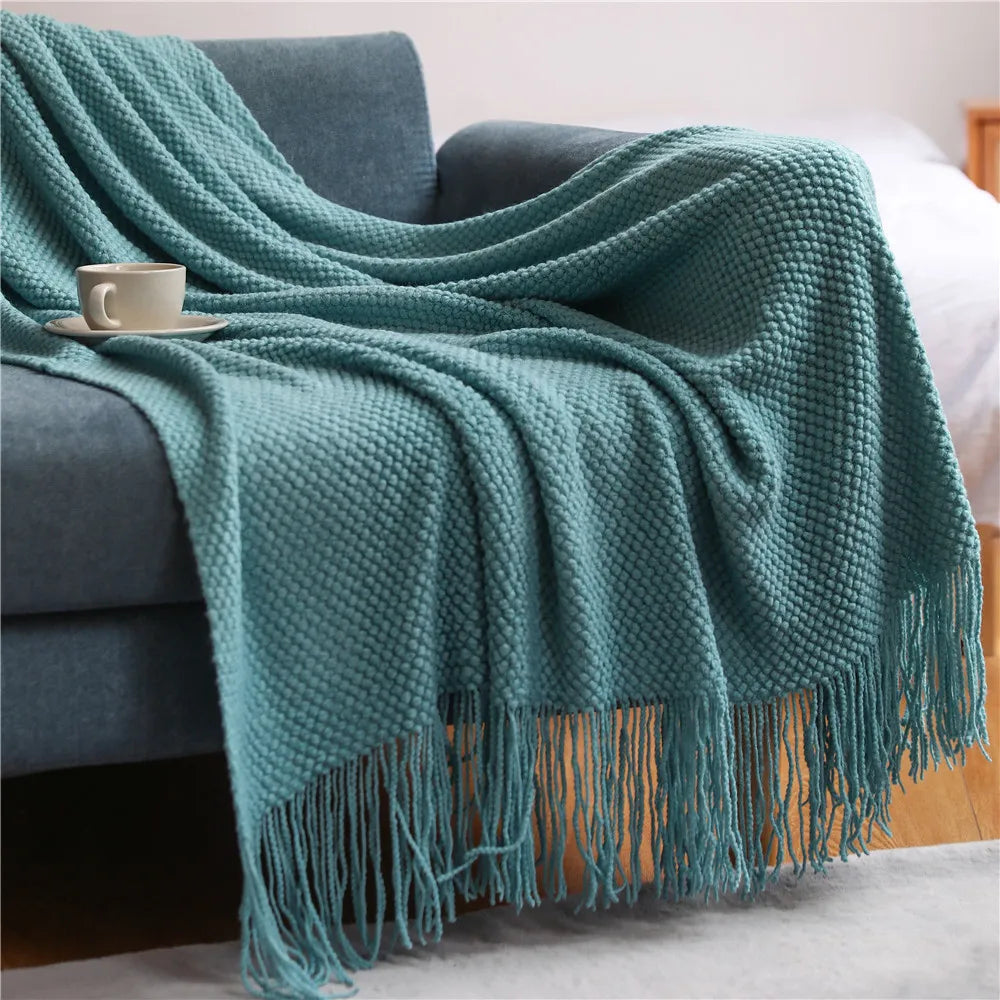 Rust Gift Nordic Knitted Blanket on the Bed Sofa Plaid Travel Nap Blankets Solid Color Soft Spring Summer Blanket with Tassels