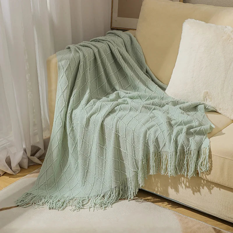 Rust Gift Nordic Knitted Blanket on the Bed Sofa Plaid Travel Nap Blankets Solid Color Soft Spring Summer Blanket with Tassels