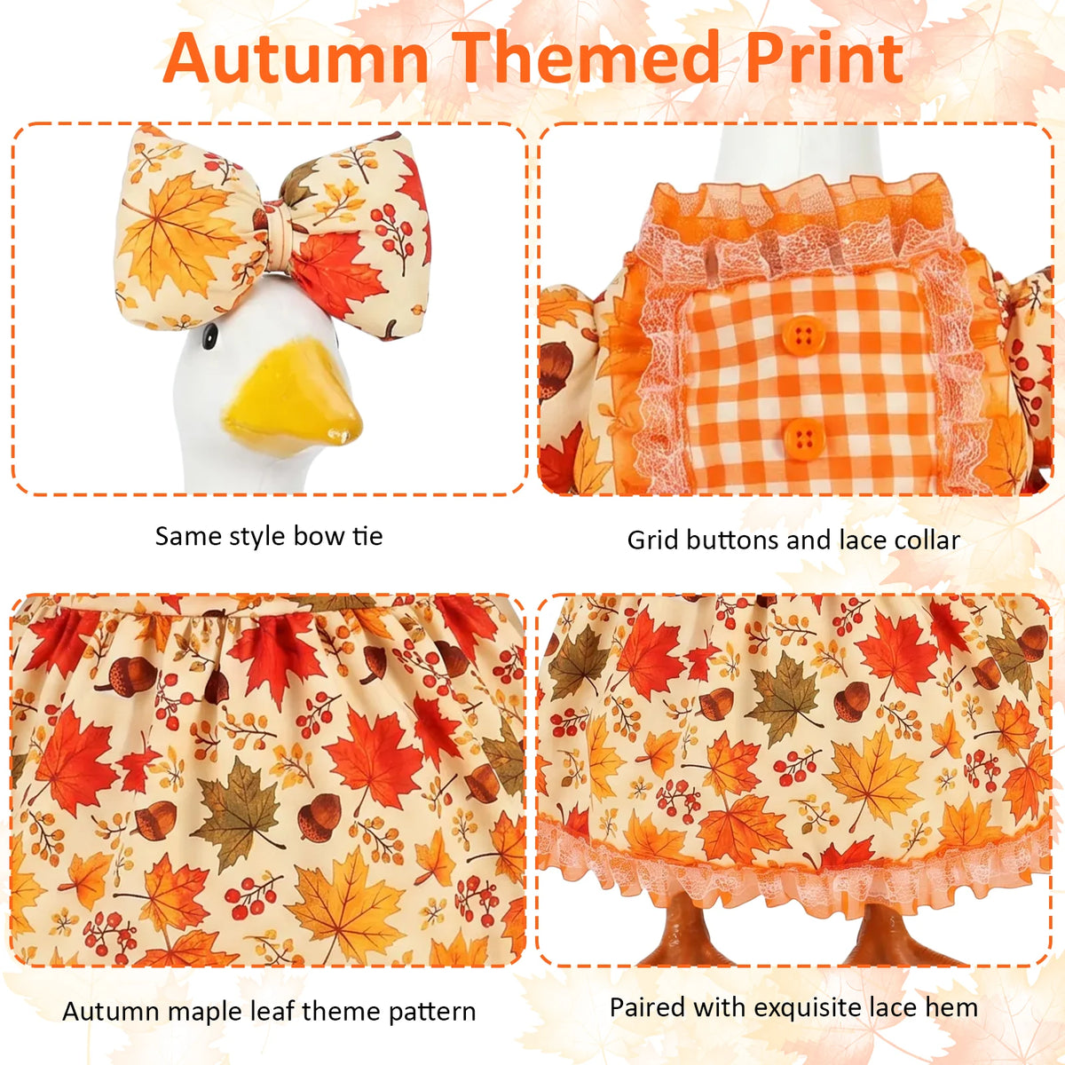 Fall Porch Goose Outfit Pumpkin Maple Leaf Print Lawn Goose Dress Costume Decorative Garden Statue Dress Up Clothes with
