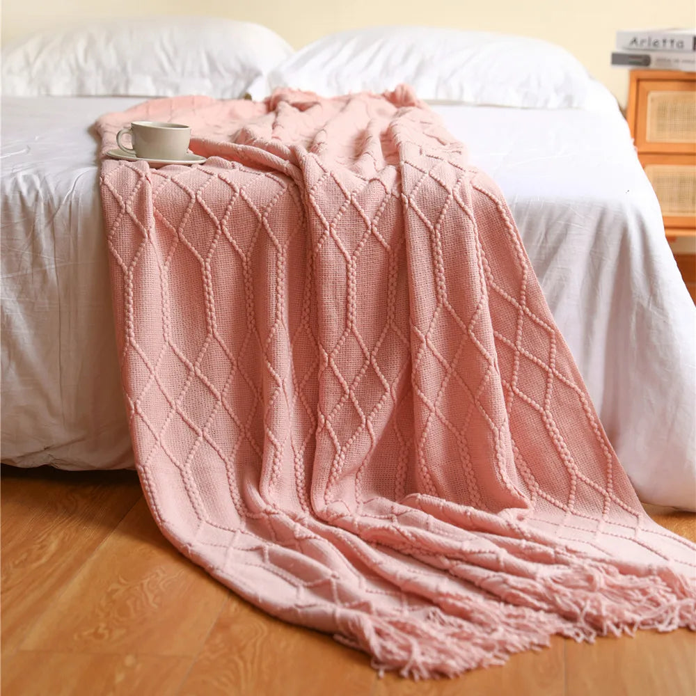Rust Gift Nordic Knitted Blanket on the Bed Sofa Plaid Travel Nap Blankets Solid Color Soft Spring Summer Blanket with Tassels