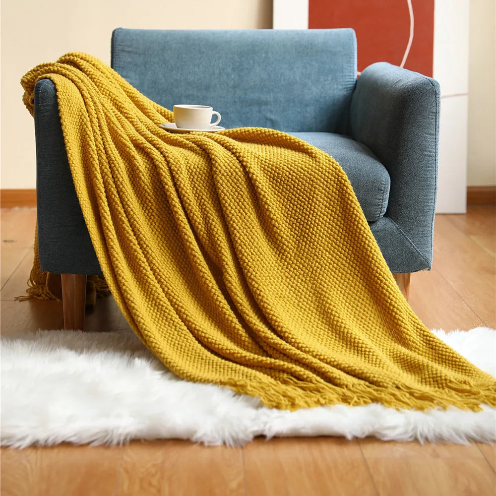 Rust Gift Nordic Knitted Blanket on the Bed Sofa Plaid Travel Nap Blankets Solid Color Soft Spring Summer Blanket with Tassels