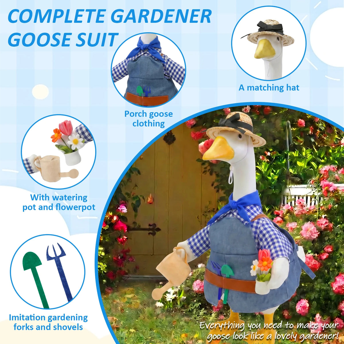 Gardener Porch Goose Outfit Decorative Goose Costume Set 23 Inch Cement Plastic Goose Statue Clothes for Lawn Patio Garden Decor