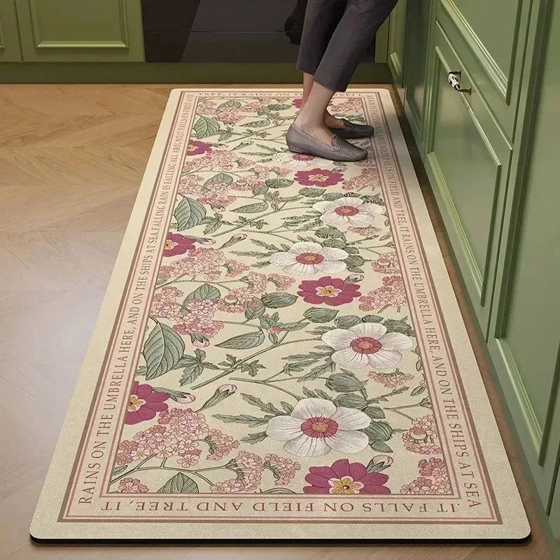 Kitchen Rug Pvc Waterproof Leather Carpet Green Flower Long Floor Mat Non-slip Oil-proof Minimalist Style Home Decoration Rugs
