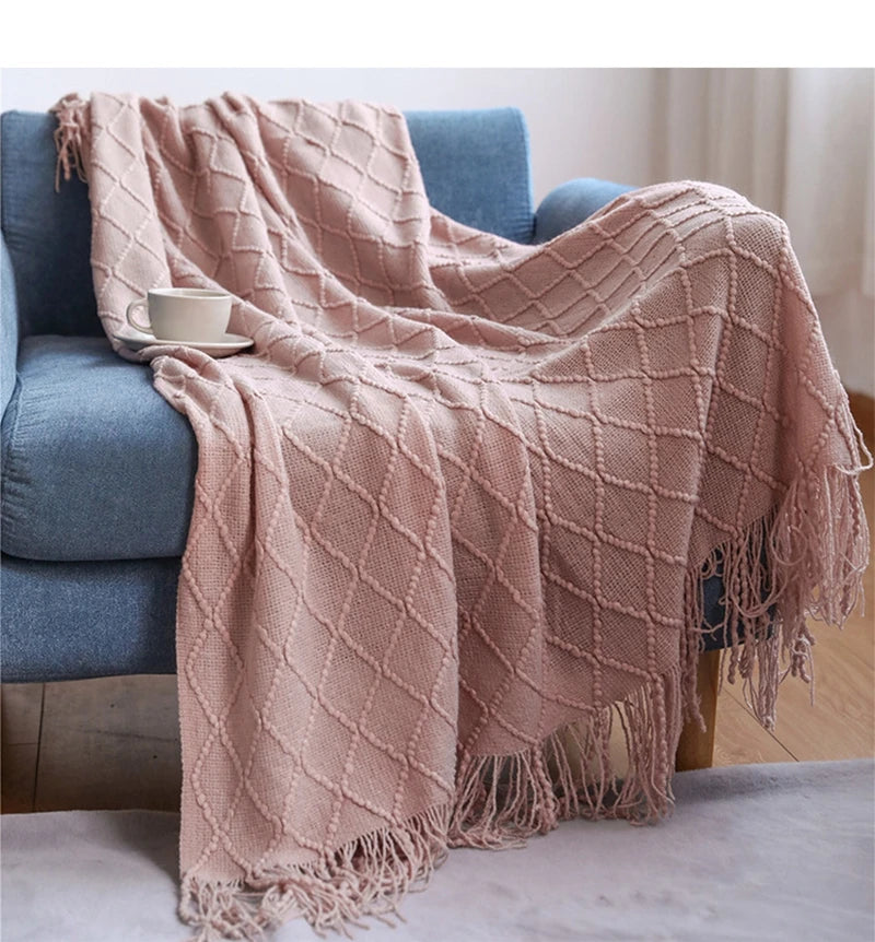 Rust Gift Nordic Knitted Blanket on the Bed Sofa Plaid Travel Nap Blankets Solid Color Soft Spring Summer Blanket with Tassels