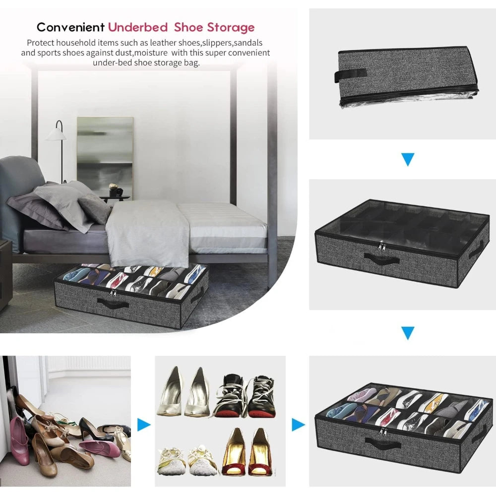 Sturdy Under Bed Shoe Storage Organizer Fit 12 Pairs Underbed Shoes Closet Storage Solution with Clear Window Breathable