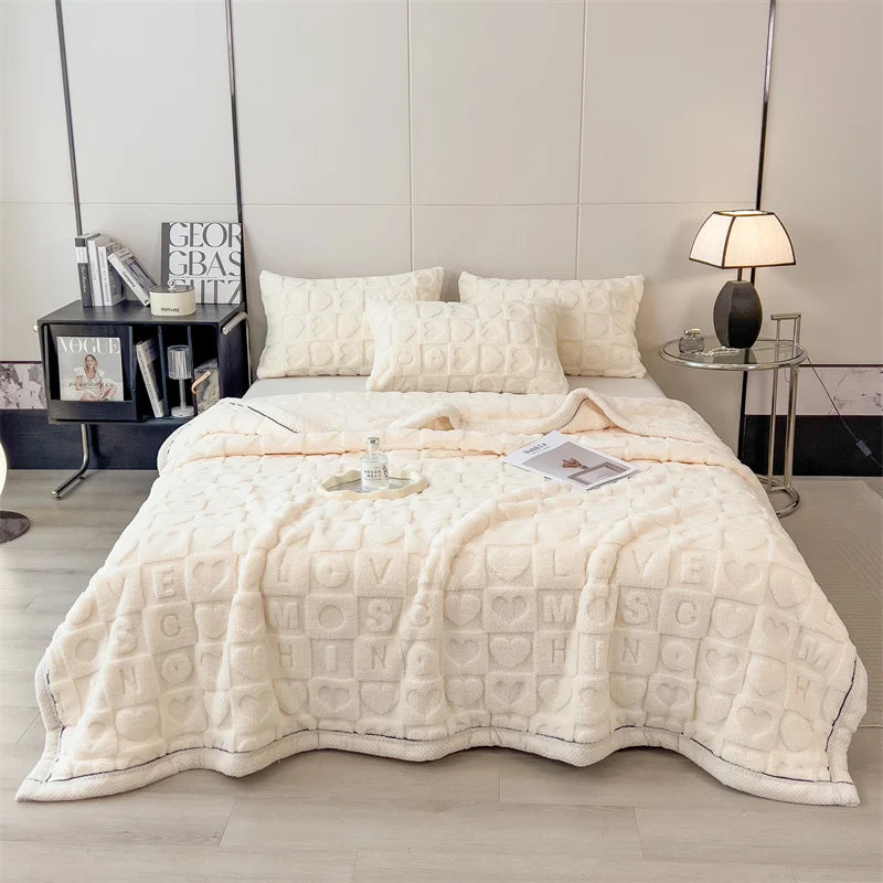 Heart Pattern Coral Fleece Blanket Autumn Winter Cozy Thicken Warm Plush Blanket for Bed Fluffy Super Soft Sofa Throw Blankets