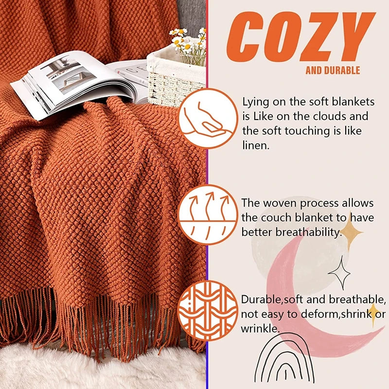 Rust Gift Nordic Knitted Blanket on the Bed Sofa Plaid Travel Nap Blankets Solid Color Soft Spring Summer Blanket with Tassels