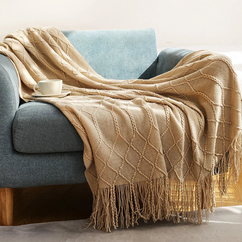 Rust Gift Nordic Knitted Blanket on the Bed Sofa Plaid Travel Nap Blankets Solid Color Soft Spring Summer Blanket with Tassels