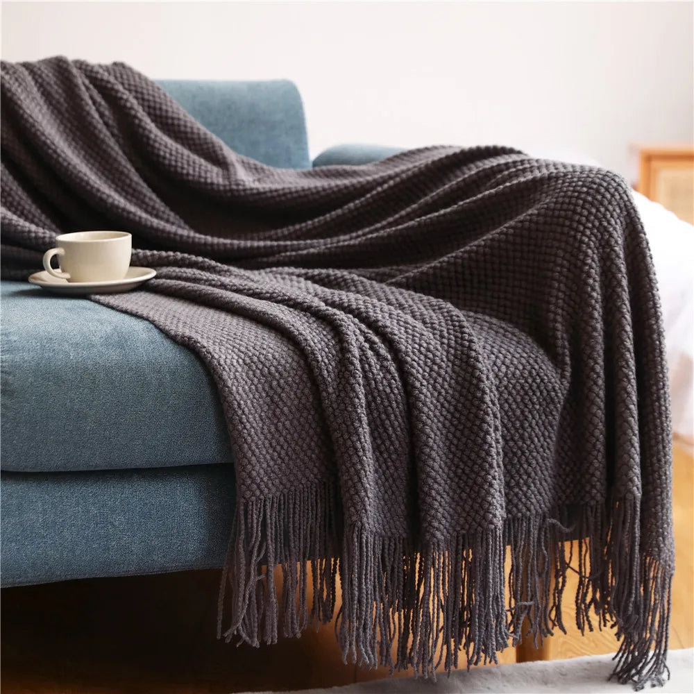 Rust Gift Nordic Knitted Blanket on the Bed Sofa Plaid Travel Nap Blankets Solid Color Soft Spring Summer Blanket with Tassels