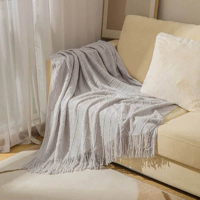 Rust Gift Nordic Knitted Blanket on the Bed Sofa Plaid Travel Nap Blankets Solid Color Soft Spring Summer Blanket with Tassels