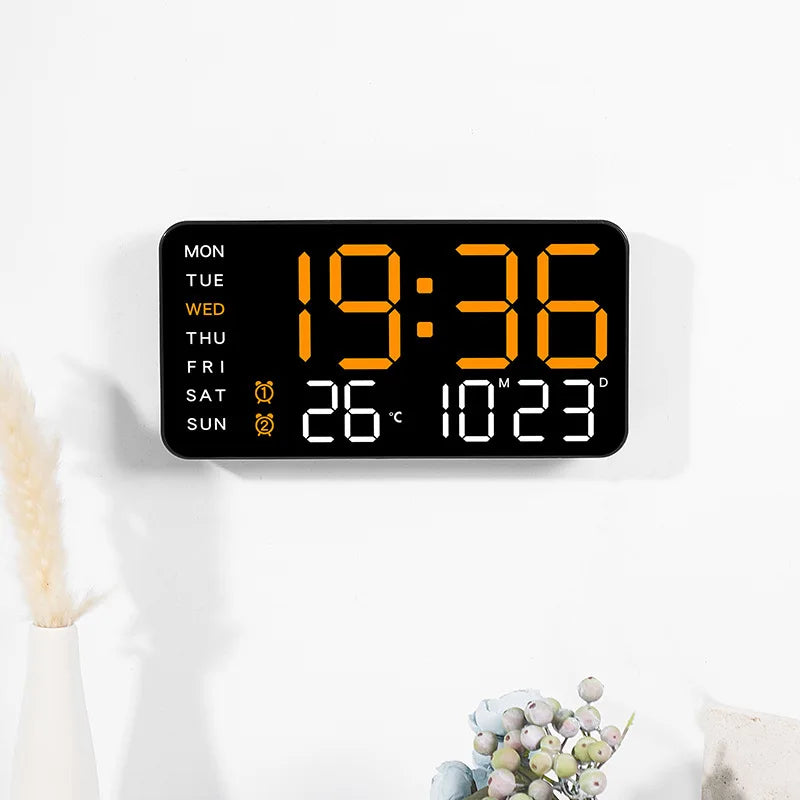 Large Digital Wall Clock Week Date Temperature Display Voice Control Table LED Alarm Clocks Brightness Adjustable 12/24H Clock