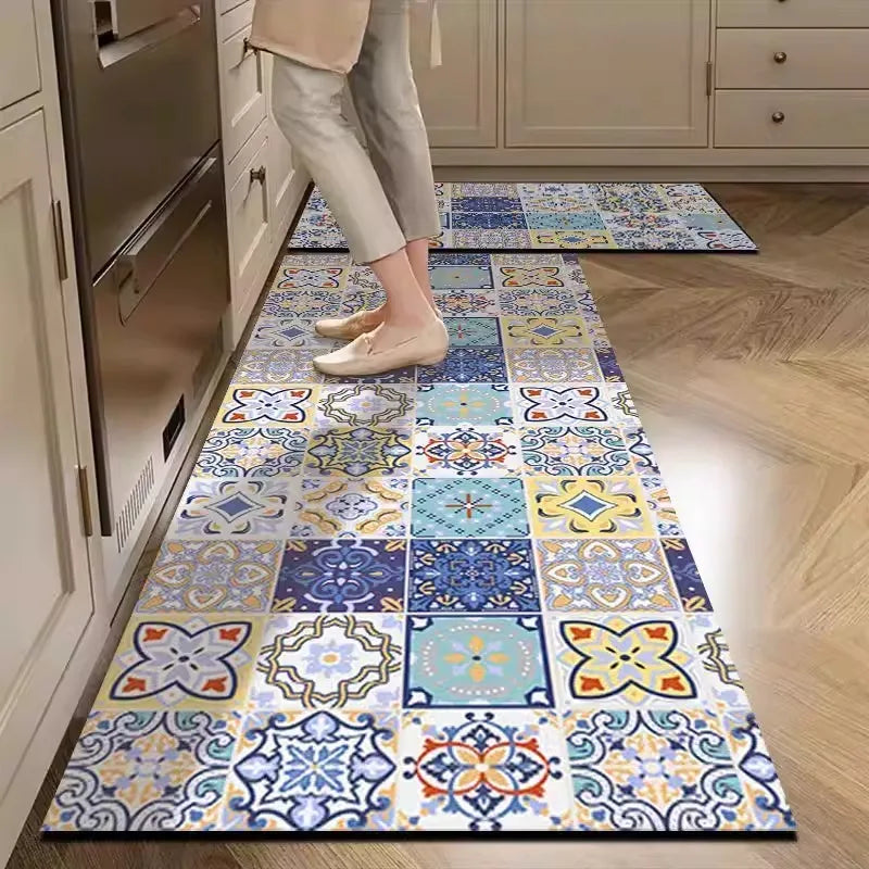 Kitchen Rug Pvc Waterproof Leather Carpet American Retro Style Carpets Long Floor Mats Non-slip Oil-proof Home Decoration Rugs