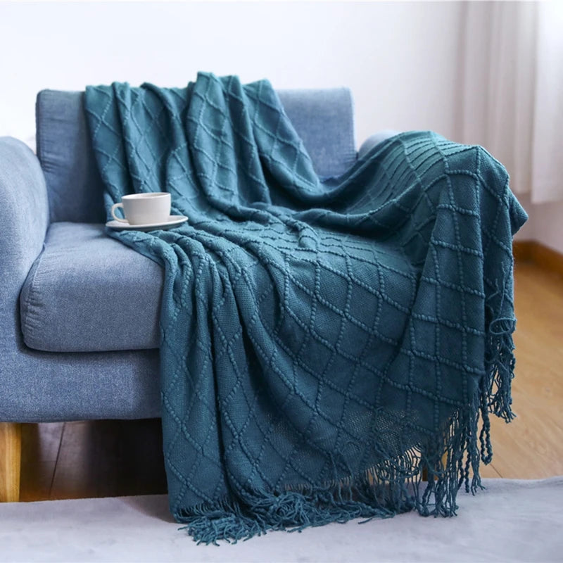 Rust Gift Nordic Knitted Blanket on the Bed Sofa Plaid Travel Nap Blankets Solid Color Soft Spring Summer Blanket with Tassels