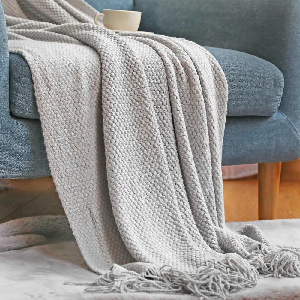 Rust Gift Nordic Knitted Blanket on the Bed Sofa Plaid Travel Nap Blankets Solid Color Soft Spring Summer Blanket with Tassels