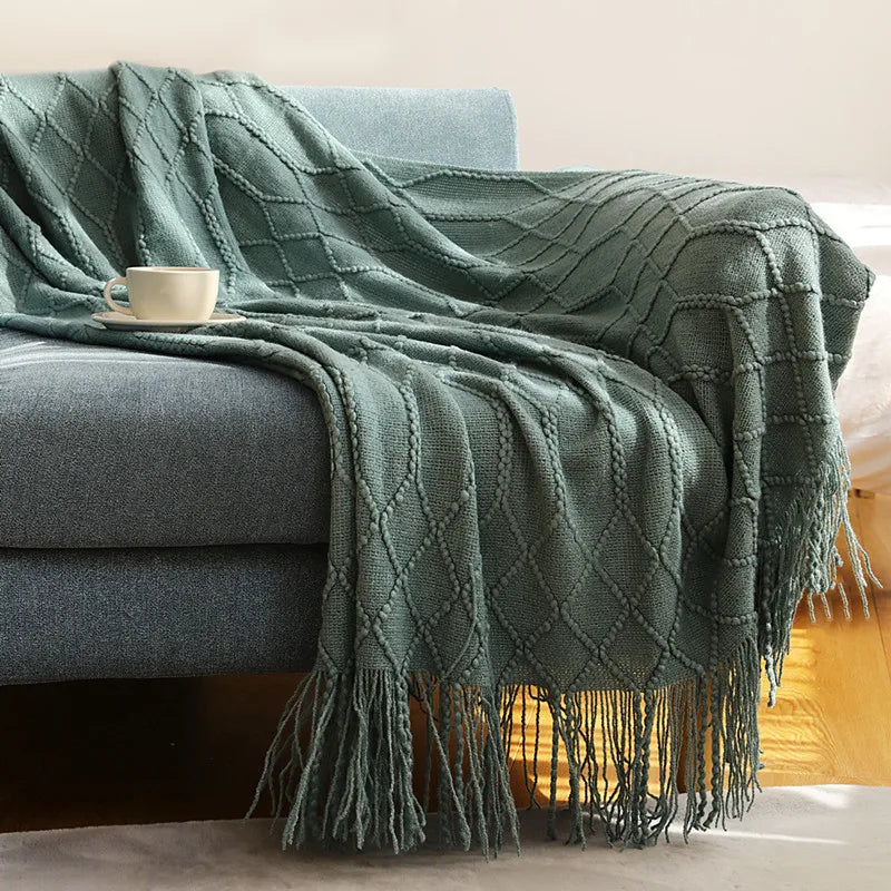 Rust Gift Nordic Knitted Blanket on the Bed Sofa Plaid Travel Nap Blankets Solid Color Soft Spring Summer Blanket with Tassels