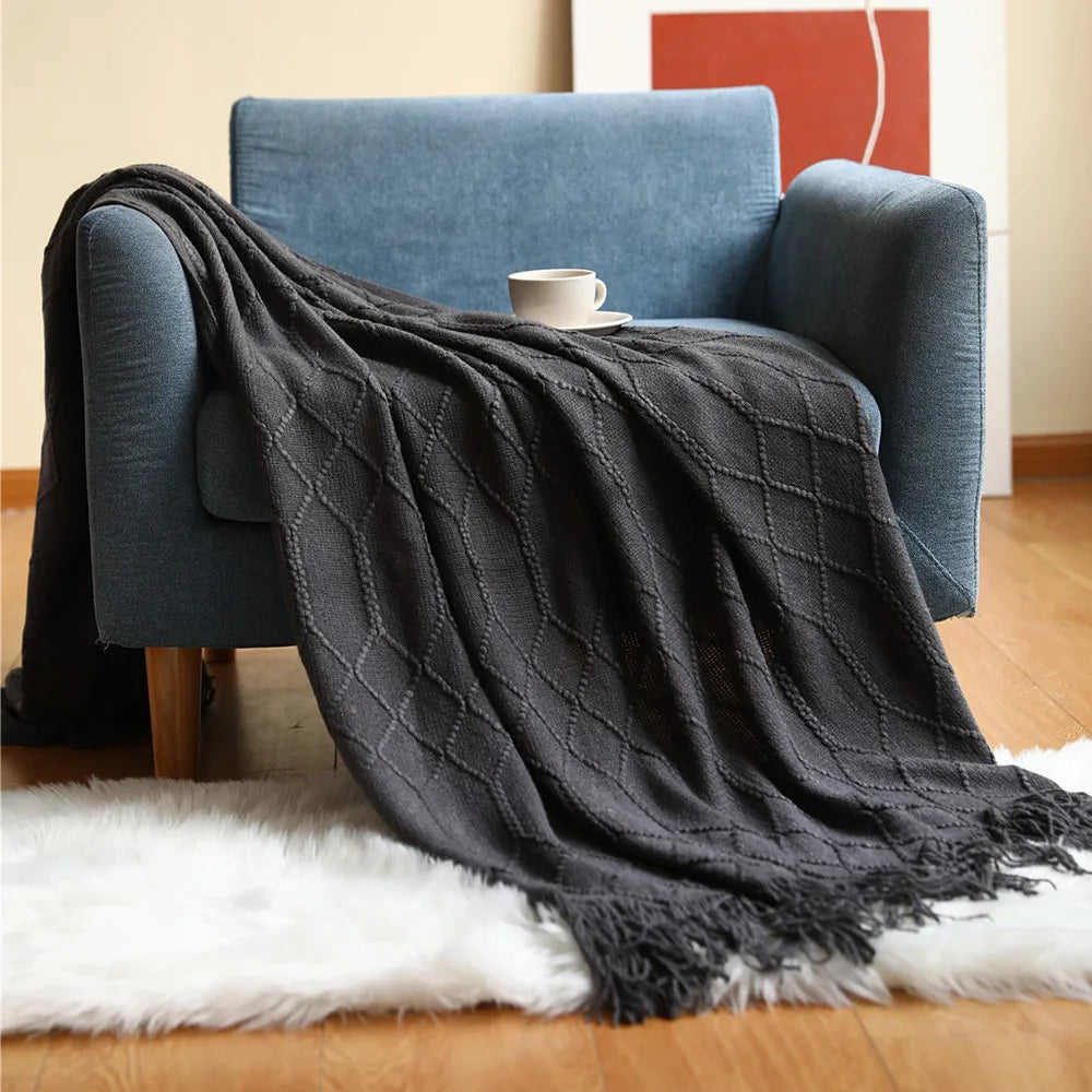 Rust Gift Nordic Knitted Blanket on the Bed Sofa Plaid Travel Nap Blankets Solid Color Soft Spring Summer Blanket with Tassels
