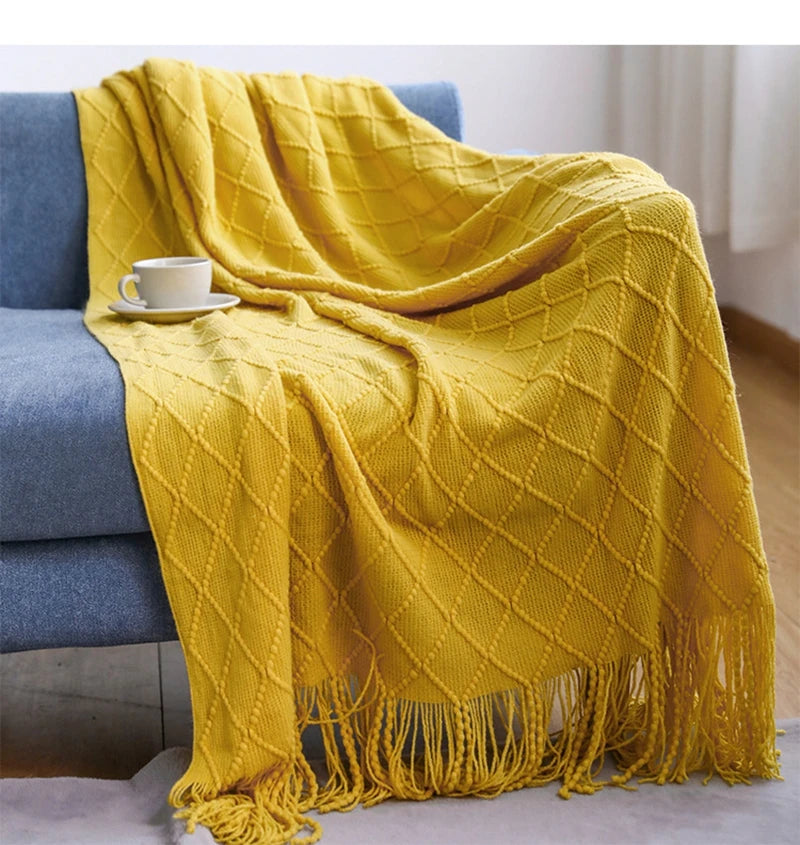 Rust Gift Nordic Knitted Blanket on the Bed Sofa Plaid Travel Nap Blankets Solid Color Soft Spring Summer Blanket with Tassels