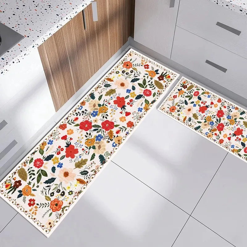 Kitchen Rug Pvc Waterproof Leather Carpet Green Flower Long Floor Mat Non-slip Oil-proof Minimalist Style Home Decoration Rugs