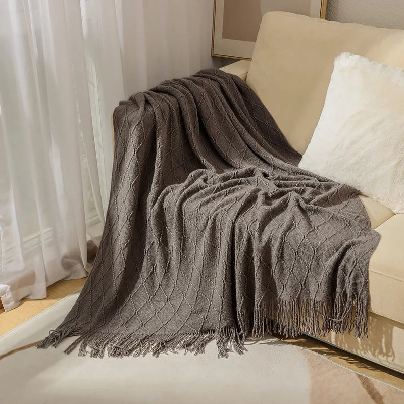 Rust Gift Nordic Knitted Blanket on the Bed Sofa Plaid Travel Nap Blankets Solid Color Soft Spring Summer Blanket with Tassels