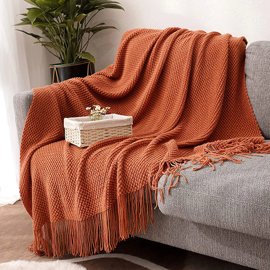 Rust Gift Nordic Knitted Blanket on the Bed Sofa Plaid Travel Nap Blankets Solid Color Soft Spring Summer Blanket with Tassels