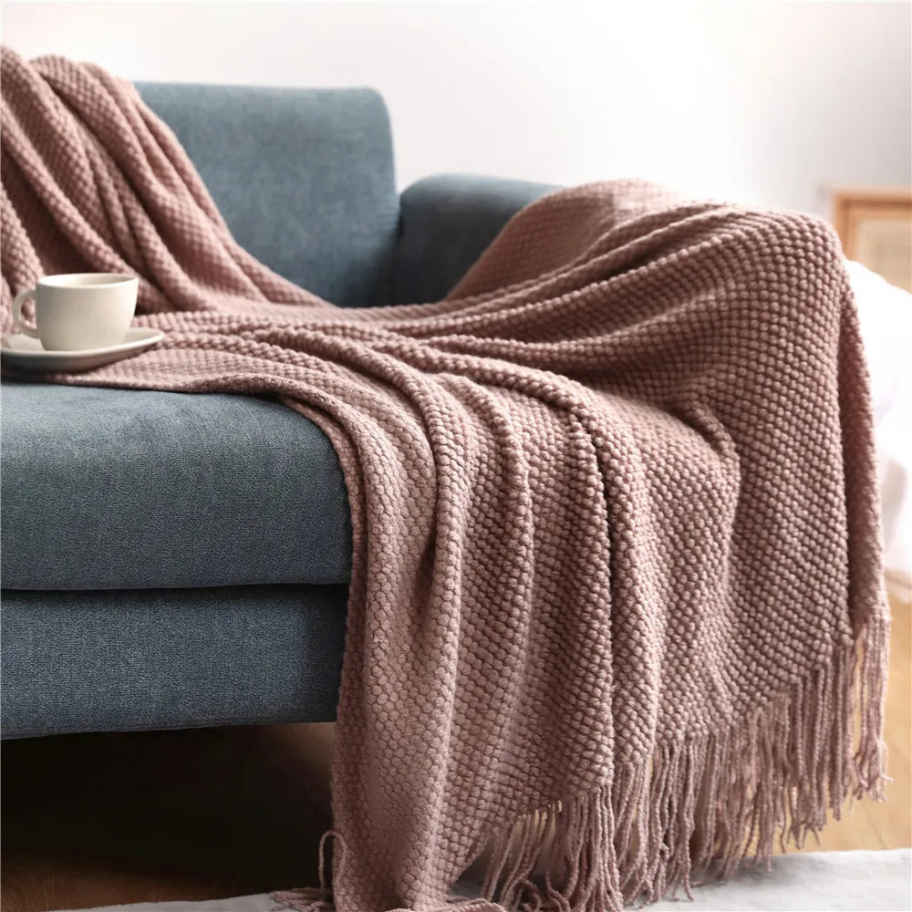 Rust Gift Nordic Knitted Blanket on the Bed Sofa Plaid Travel Nap Blankets Solid Color Soft Spring Summer Blanket with Tassels