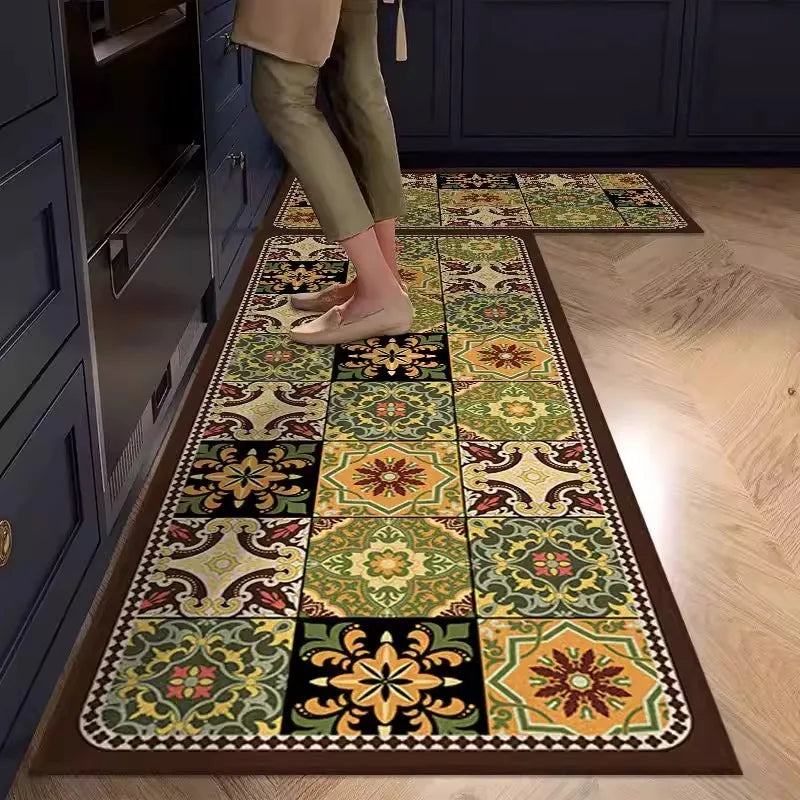 Kitchen Rug Pvc Waterproof Leather Carpet American Retro Style Carpets Long Floor Mats Non-slip Oil-proof Home Decoration Rugs