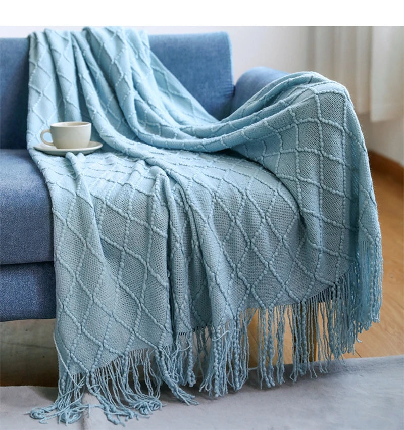 Rust Gift Nordic Knitted Blanket on the Bed Sofa Plaid Travel Nap Blankets Solid Color Soft Spring Summer Blanket with Tassels