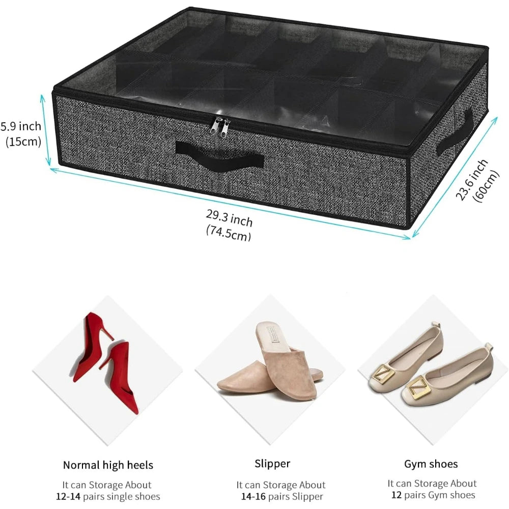 Sturdy Under Bed Shoe Storage Organizer Fit 12 Pairs Underbed Shoes Closet Storage Solution with Clear Window Breathable