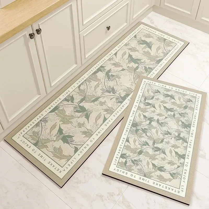 Kitchen Rug Pvc Waterproof Leather Carpet Green Flower Long Floor Mat Non-slip Oil-proof Minimalist Style Home Decoration Rugs