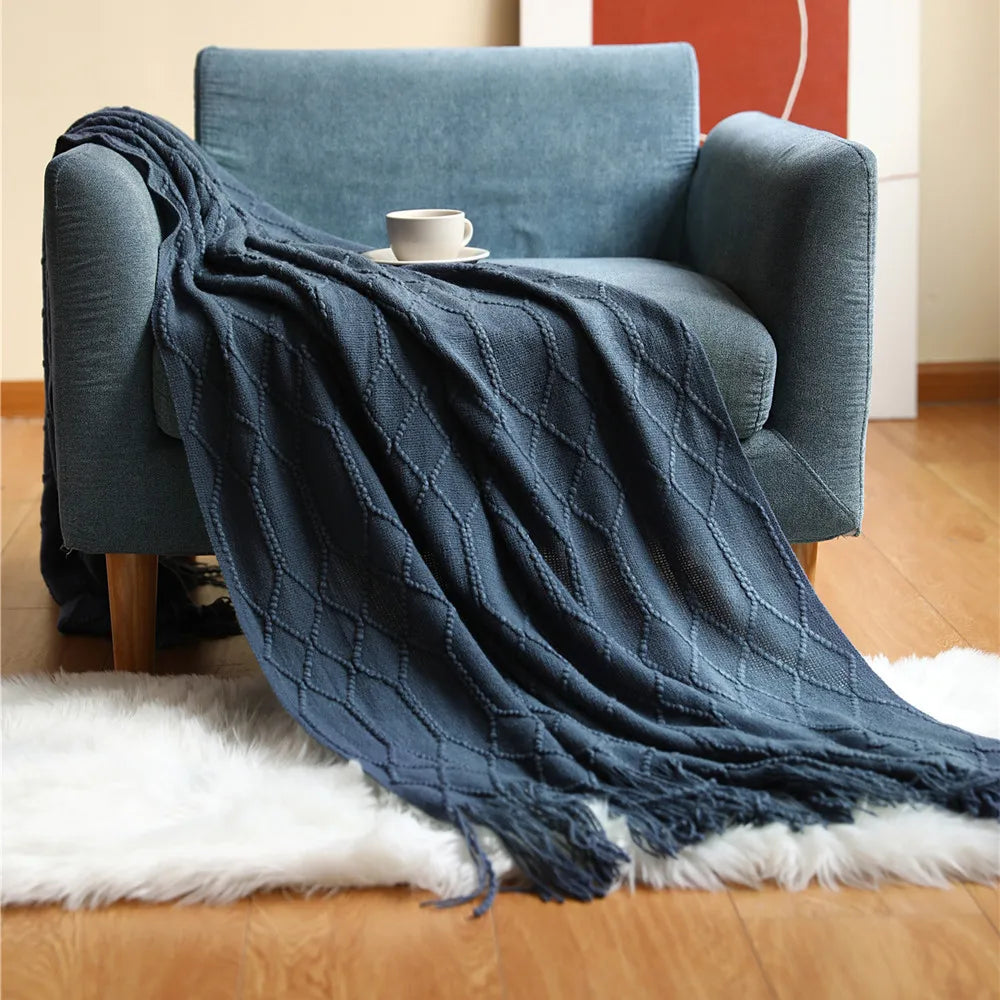Rust Gift Nordic Knitted Blanket on the Bed Sofa Plaid Travel Nap Blankets Solid Color Soft Spring Summer Blanket with Tassels