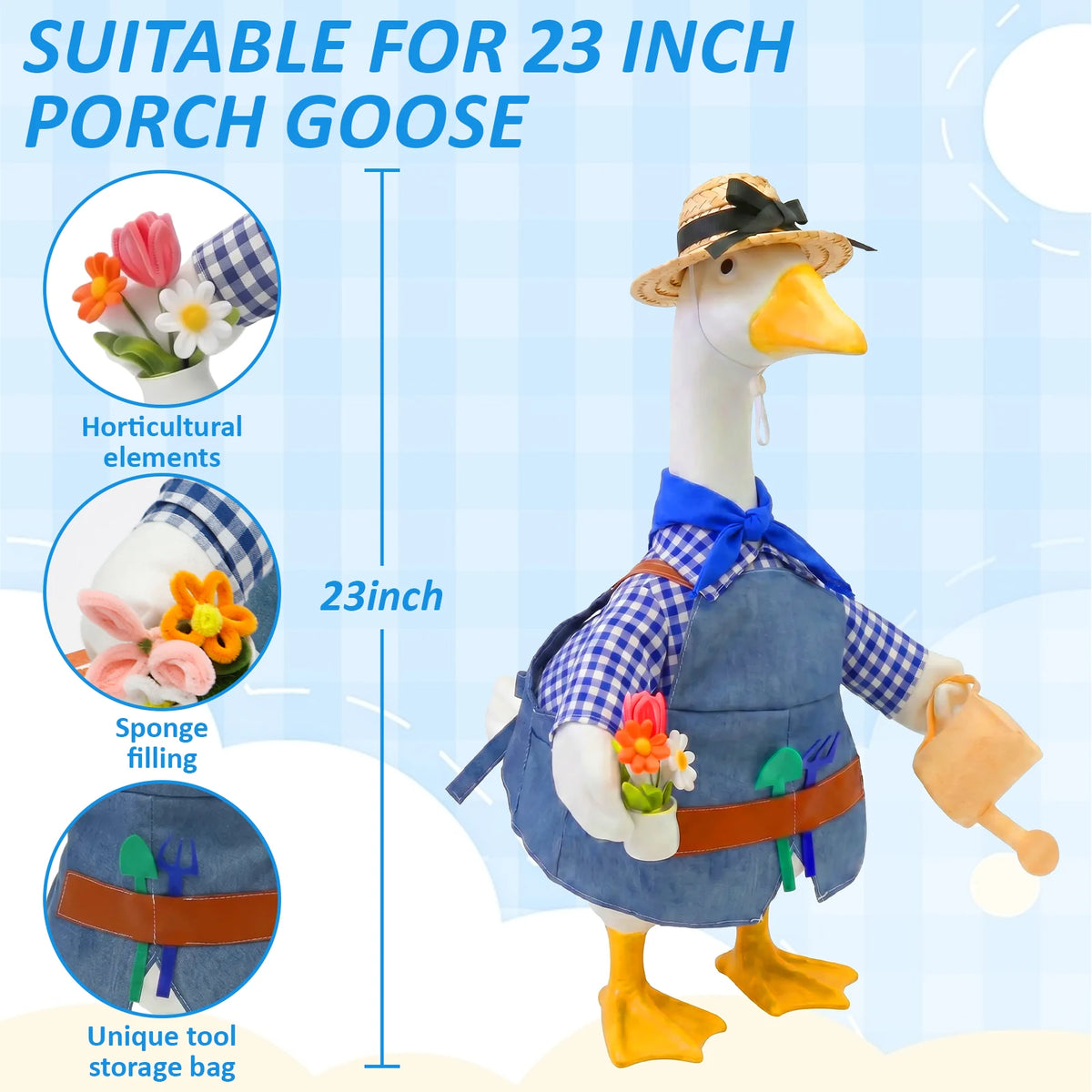 Gardener Porch Goose Outfit Decorative Goose Costume Set 23 Inch Cement Plastic Goose Statue Clothes for Lawn Patio Garden Decor